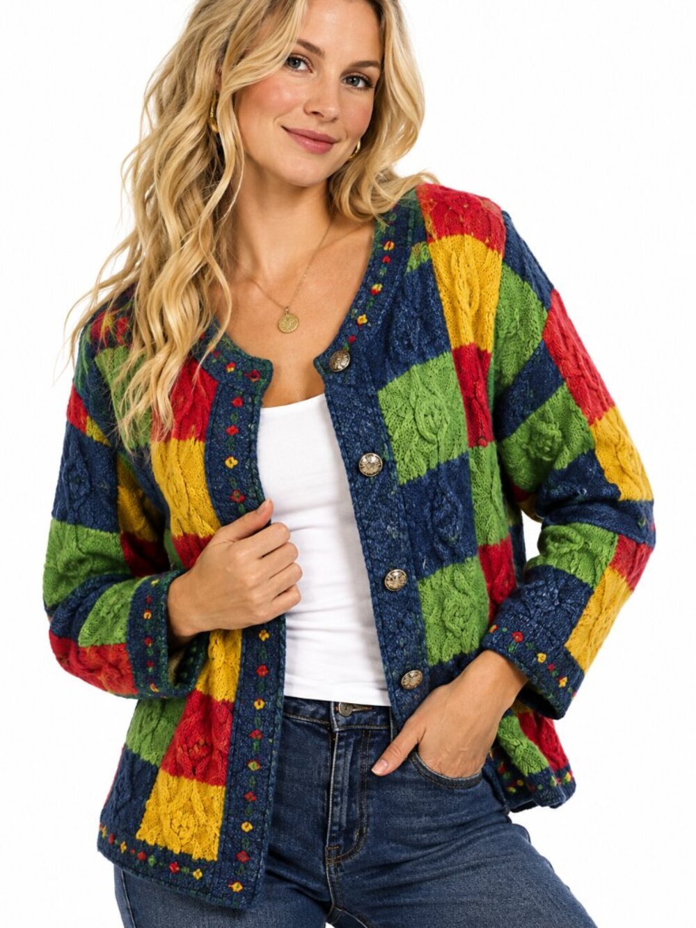 Vintage Susan Bristol Knit Cardigan Sweater Size Large Colorblock Button Front